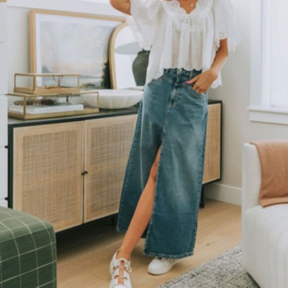 NWT We The Free Come As You Are Denim Maxi Slit Skirt Free People Blue - Picture 3 of 9